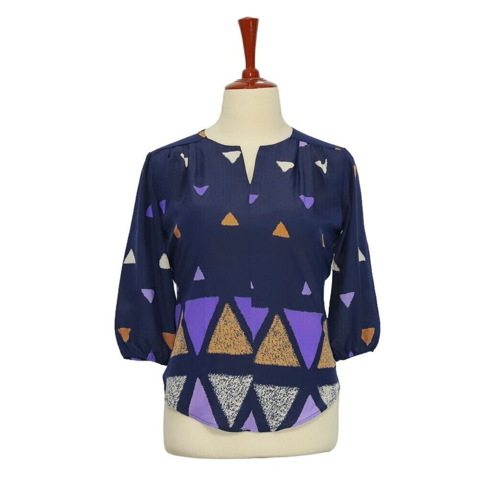 Womens Silky Blouse Blue Purple Geometric 3/4 Sleeve V-Neck Casual Top Large